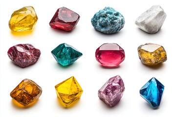 Naklejka premium Set of gem stones made of spinel. vibrant gem stones that come in a variety of hues, including turquoise, blue, red, white, and yellow. On a white backdrop, isolated. Generative Ai