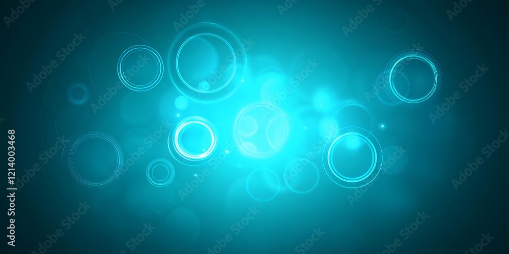 Poster abstract teal background with glowing circles and bokeh lights modern design