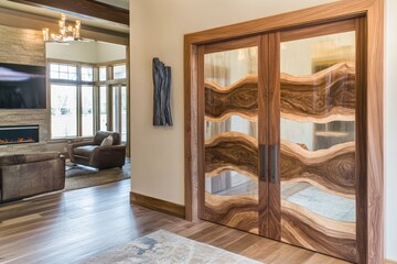 Modern interior with elegant walnut wood double doors featuring wavy glass panels, showcasing a luxurious living room.