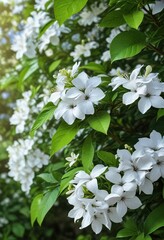 Fresh white plumbago blossoms against green leaves, petals, nature, blue jasmine plumbago, close-up, vibrant
