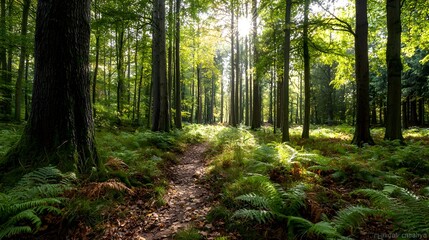 Obraz premium Enchanting forest path winding through lush green foliage with sunlight streaming through the towering trees and creating a peaceful serene atmosphere