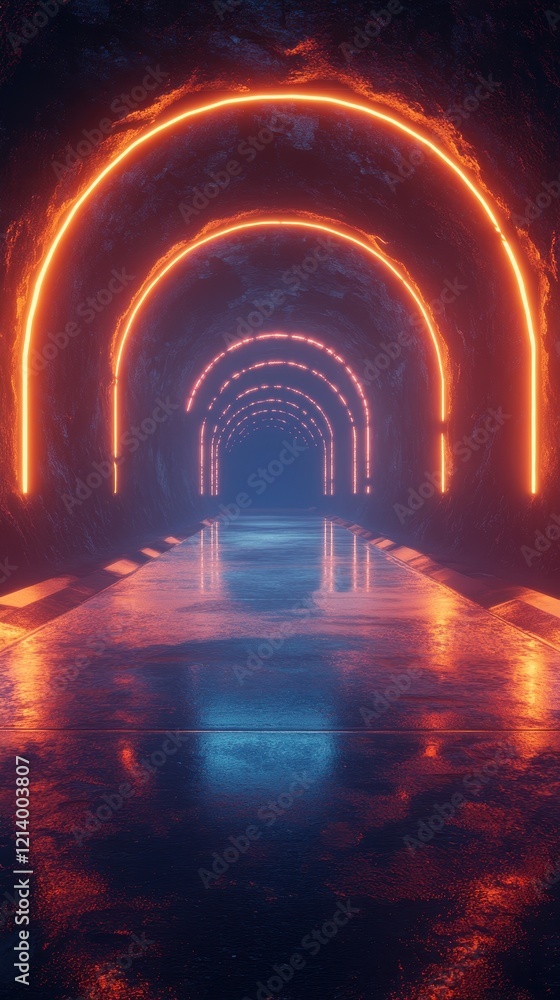 Poster neon archway tunnel with wet reflective floor, futuristic abstract 3d render.