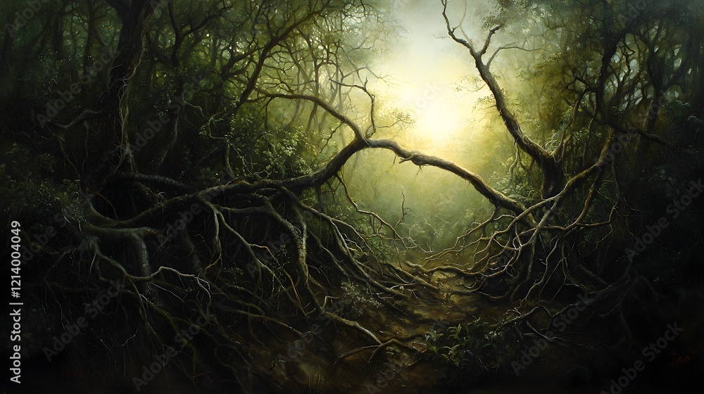 Poster mysterious and enchanting dark forest with twisted gnarled branches creating a moody haunting and ot