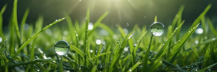 Fototapeta premium Macro photography of dew drops on green blades of grass, background, macro