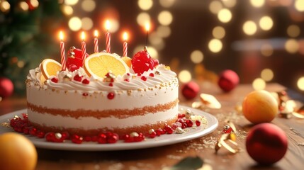 Festive Christmas Cake with Candles and Fruit