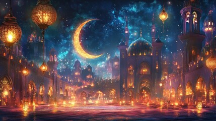Obraz premium Illuminated Cityscape Under Crescent Moon at Night