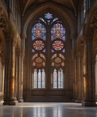 Fototapeta premium Elegant cathedral with large windows and intricate stone carvings, vaulted ceiling, wooden pews, cathedral