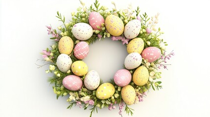 Colorful easter egg wreath adorned with flowers captures the spirit of spring celebrations in a lively display. Generative AI