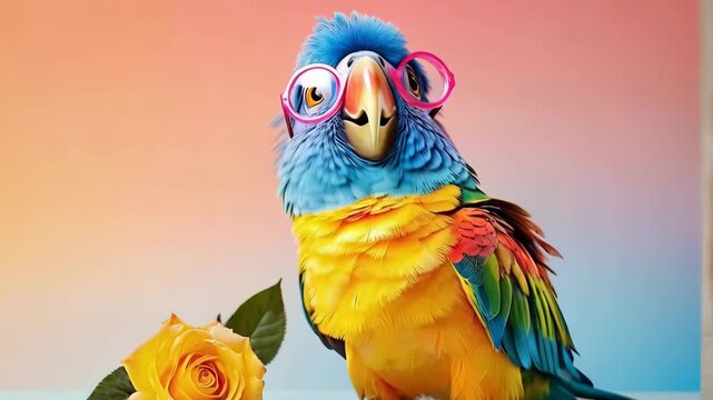 Colorful Parrot with Glasses and Yellow Rose Playful Scene of Vibrant Feathers in Nature, Capturing Whimsical Joy and Cheerful Atmosphere.
