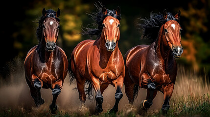 Fototapeta premium Three Majestic Brown Horses Galloping in Nature: A Stunning Display of Equine Power and Beauty