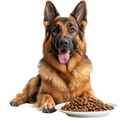Happy German Shepherd with Bowl of Dog Food on White Background