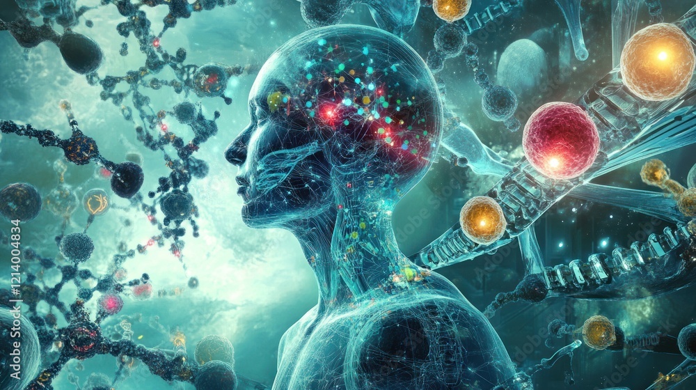 Poster Human Form Intertwined With Cellular Structures and DNA