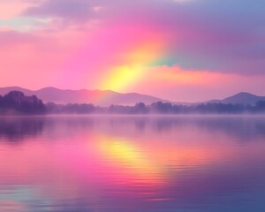 Pastel sunrise rainbow reflected in calm lake.