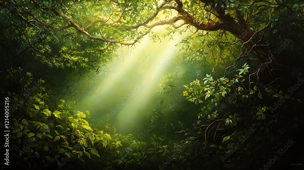 Poster enchanting forest scene with sun rays streaming through the dense lush canopy of verdant trees and f