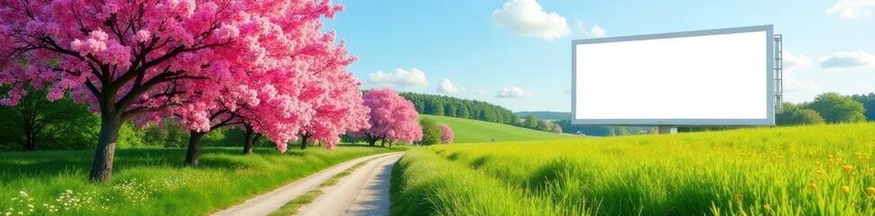 Fototapeta premium Bright billboard, pink blossoms, green lawn, country road , signage, image