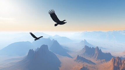 Vultures Soaring Over a Vast Mountain Range