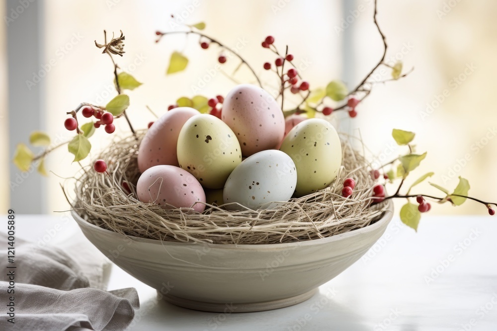 Poster colorful eggs nestled in a rustic bowl with delicate branches and berries. generative ai