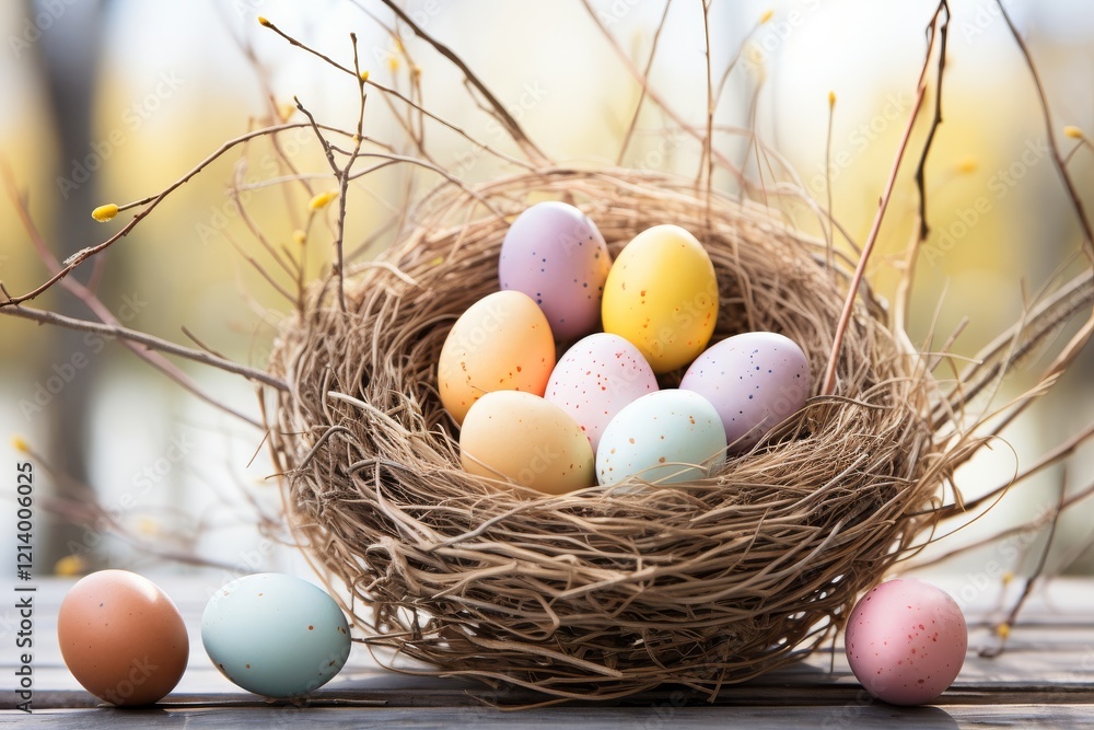 Poster colorful eggs nestled in a rustic nest during a serene spring afternoon. generative ai