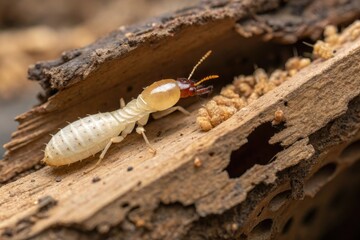 Female drywood termite laying eggs in dry wood, insects, wildlife, dry wood, termites, female drywood termites