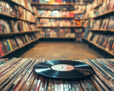 Vinyl Record on Display in a Vintage Record Store with Blurred Background Shelves.