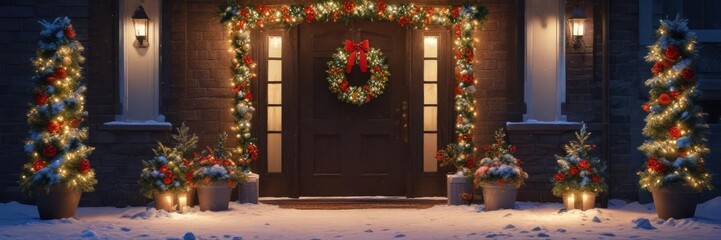 Fototapeta premium Festive holiday entrance with snow-covered wreath and garlands, Christmas decorations, holiday decor, winter wonderland