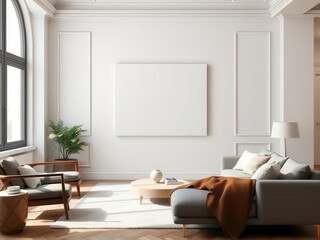 A minimalist living room interior with a blank canvas wall art mockup template for adding personalized artwork, creative, template, interior design
