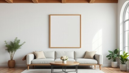 A living room wall art mockup featuring a natural frame with a minimalist design, stylish, minimalist, home