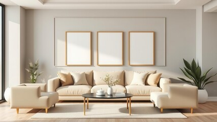 A living room mockup featuring a wall art template with a modern interior design aesthetic, wall art, mockup, modern