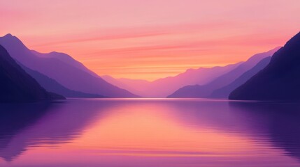 Serene Sunset Over Purple Mountain Lake Landscape