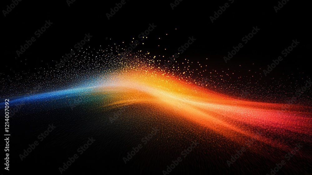 Poster abstract wave of colorful particle stream on black background.