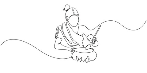 continuous line drawing of indian woman cooking.one line drawing of woman in traditional indian clothes cooking.single line vector illustration.isolated white background