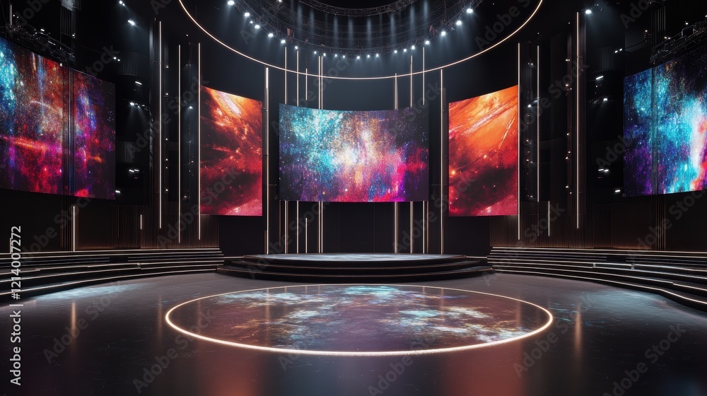 Poster modern stage set design with led screens and dynamic lighting for events or broadcasting.