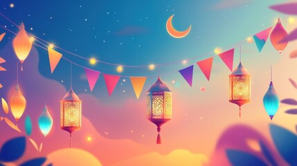 Festive Lanterns and Flags Adorn a Night Sky