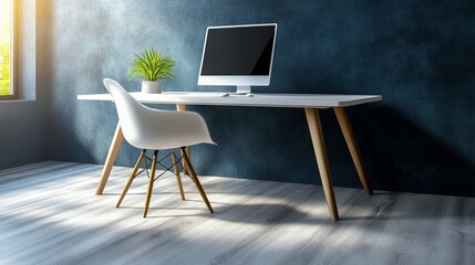 Modern Home Office Workspace Desk Chair Computer Minimalist Design Sunlit Room
