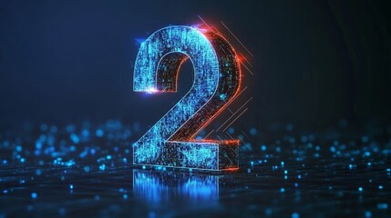 Abstract Glowing Digital Big 3D Number Two in Futuristic Style on Blue Background with Reflection.