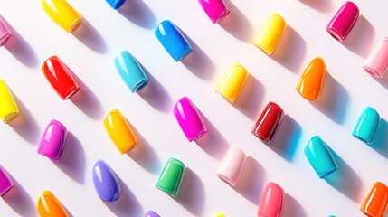 Colorful nail polish bottles arranged on white background, studio shot, vibrant hues, beauty product