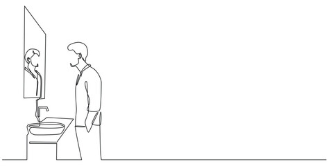 continuous line of man looking in the mirror.one line drawing of man standing and looking in the mirror in the sink glass.single line vector illustration.isolated white background