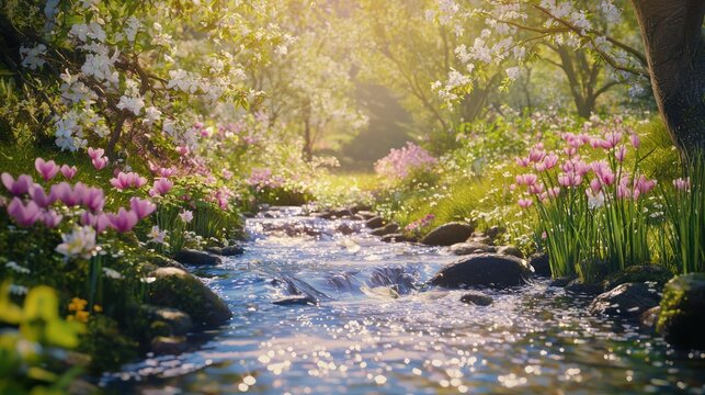 A vibrant spring nature scene with a flowing stream, flowers blooming, and birds singing in the trees