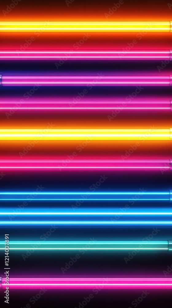 Poster vibrant horizontal neon light tubes in arrayed pattern on black background.