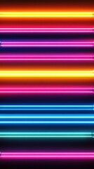 Vibrant Horizontal Neon Light Tubes in Arrayed Pattern on Black Background.