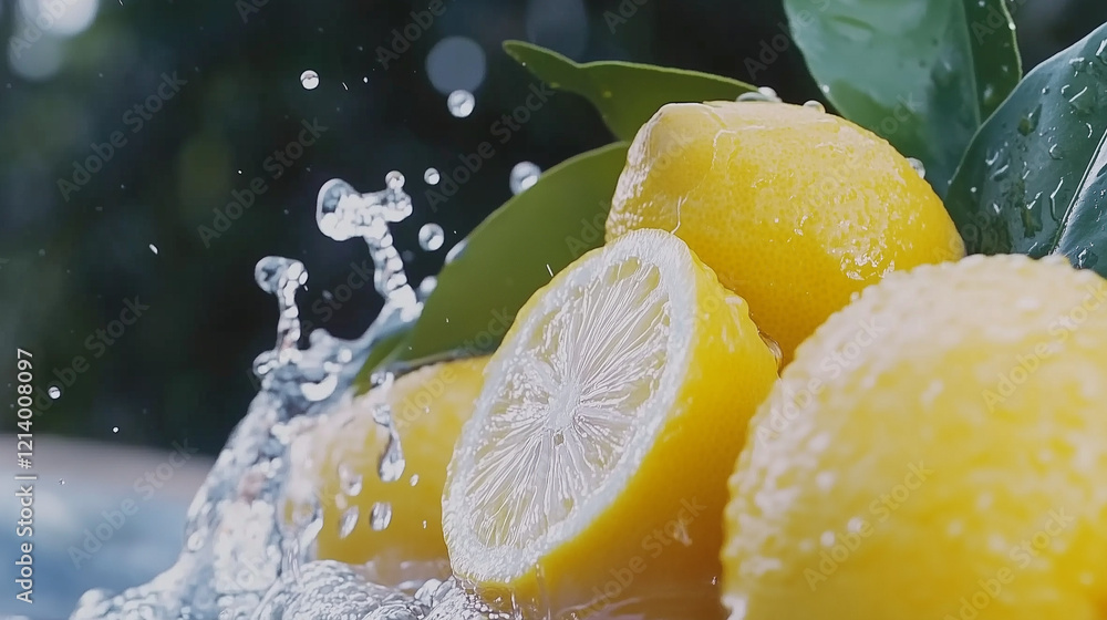 Poster fresh lemon slices and vibrant green leaves submerged in sparkling water, creating a refreshing and 