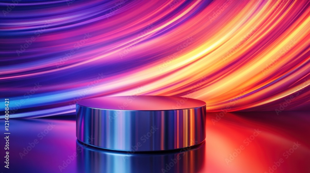 Poster abstract 3d chrome product display stand with swirling vibrant color background.