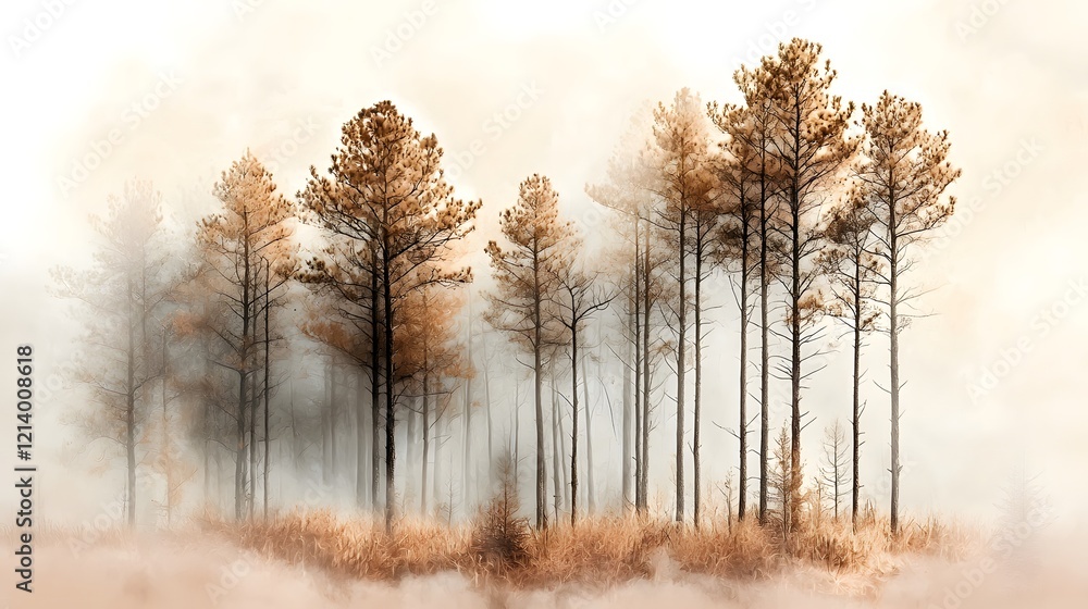 Poster mysterious misty forest landscape with tall pine trees in autumn colors moody atmospheric scene with