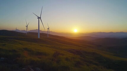 Obraz premium Sunset wind turbines on grassy hilltop