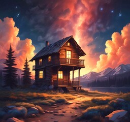 Illustration of wild landscape with cabin and starry sky.