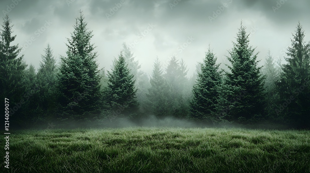 Poster mysterious evergreen forest landscape with misty atmosphere and moody overcast sky serene and tranqu