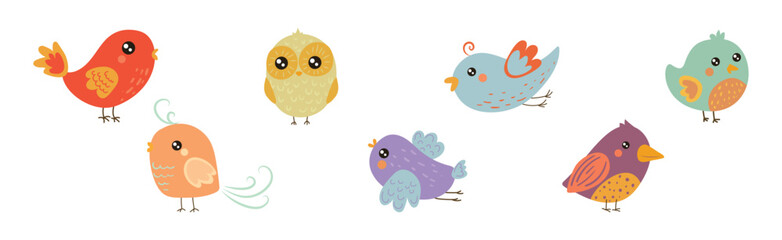 Cute Little Bird with Tail and Wing Vector Set