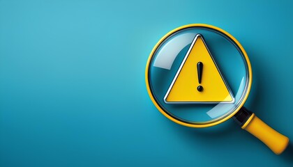 exclamation mark sign inside magnifying glass on blue background.