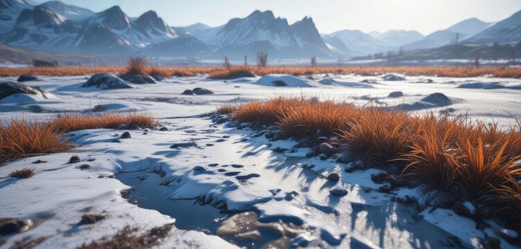 Frosty landscape with melting snow and thawing ground, icy, landscape, thawing