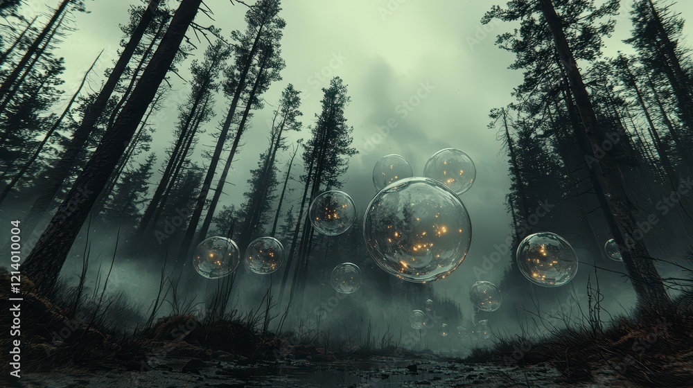 Poster glowing orbs float in a misty forest, creating a surreal and mysterious atmosphere.